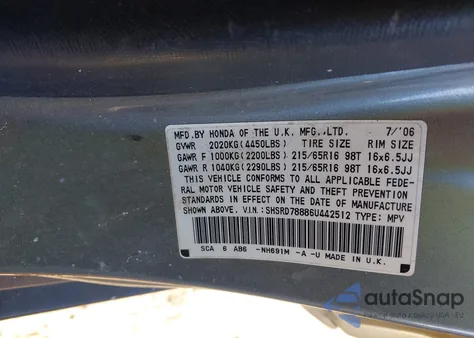 2006 Honda Cr-V Ex z USA, uszkodzony, nr VIN SHSRD78886U442512